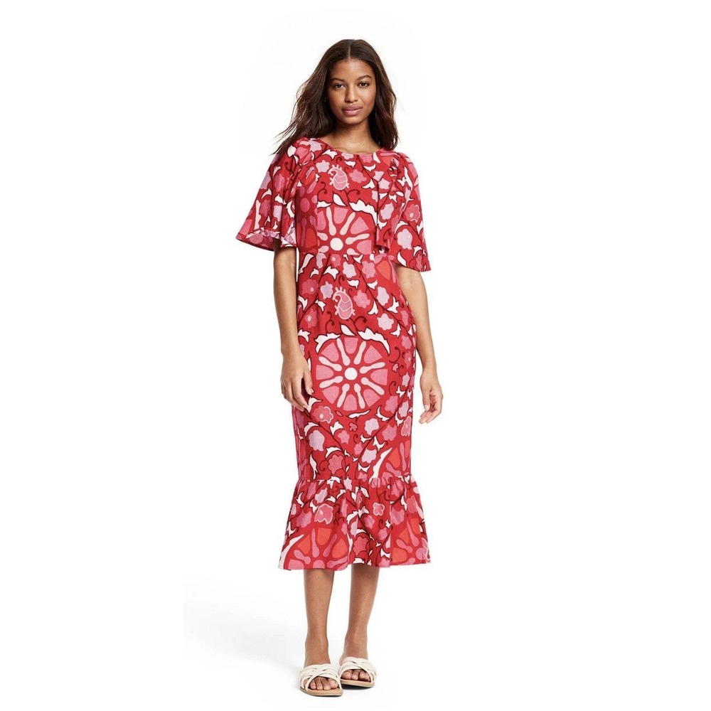Rhode X Target Women's Sz 8 Midi Dress Zinnia Floral Print Bell Sleeve Red/Pink